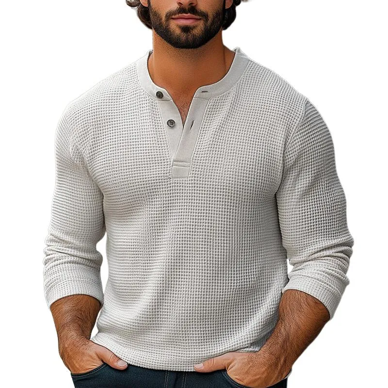 Men's Solid Color Waffle Henley Collar Long Sleeve T-shirt 38546401Z sold by Manly