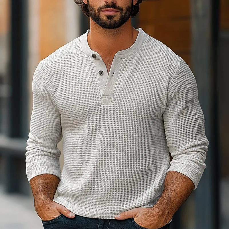 Men's Solid Color Waffle Henley Collar Long Sleeve T-shirt 38546401Z sold by Manly product image thumbnail 2