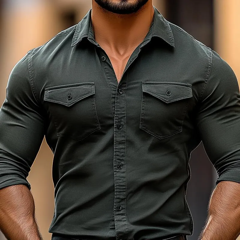 Men's Solid Color Lapel Chest Pocket Long Sleeve Shirt 73001682Z sold by Manly product image thumbnail 3