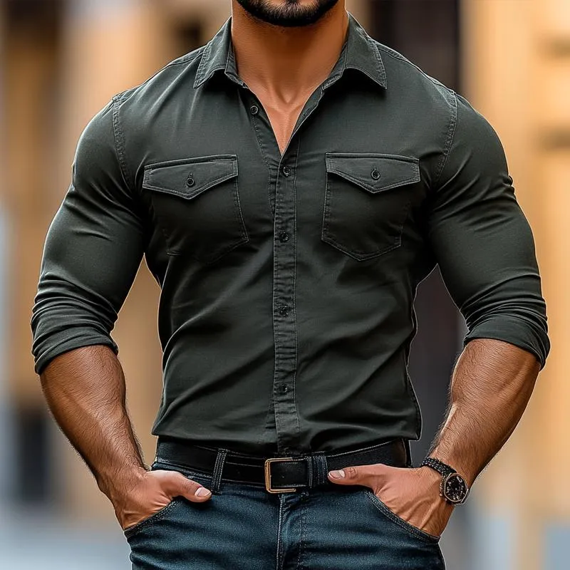 Men's Solid Color Lapel Chest Pocket Long Sleeve Shirt 73001682Z sold by Manly product image thumbnail 2