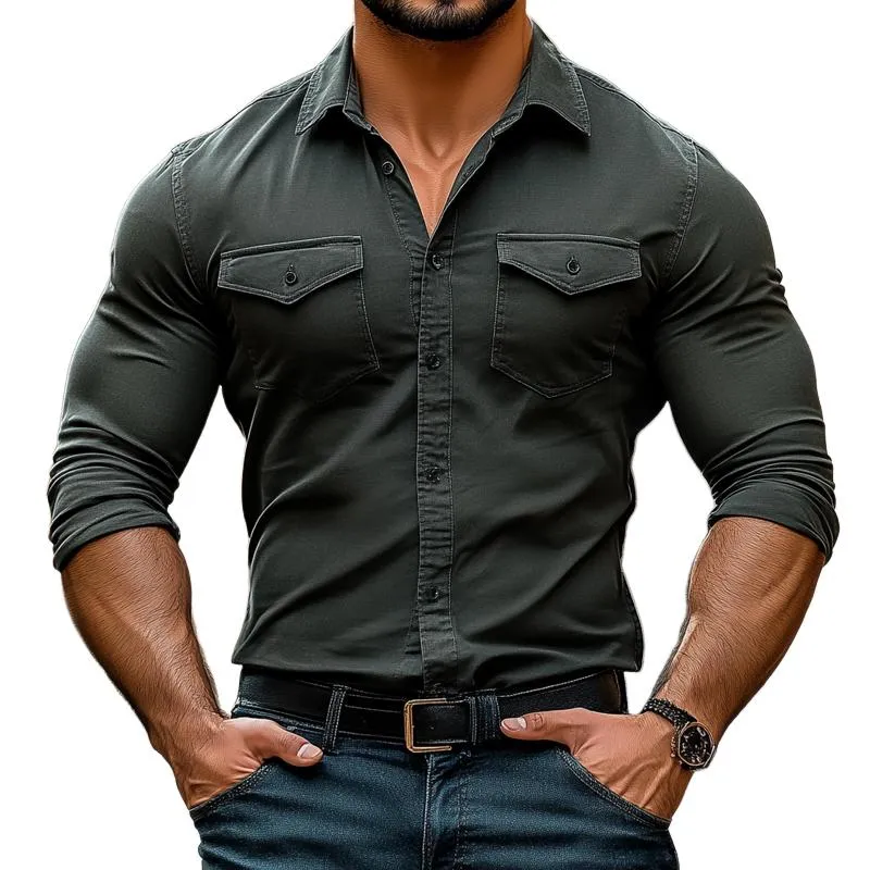 Men's Solid Color Lapel Chest Pocket Long Sleeve Shirt 73001682Z sold by Manly