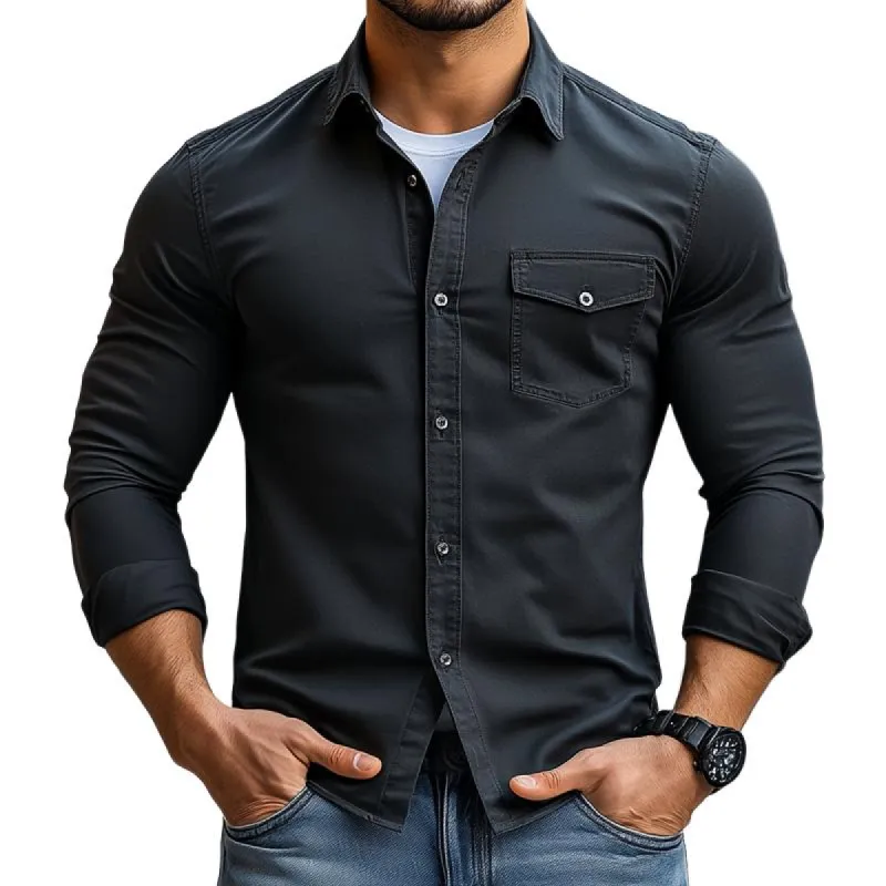 Men's Solid Color Lapel Chest Pocket Long Sleeve Shirt 55971136Z sold by Manly