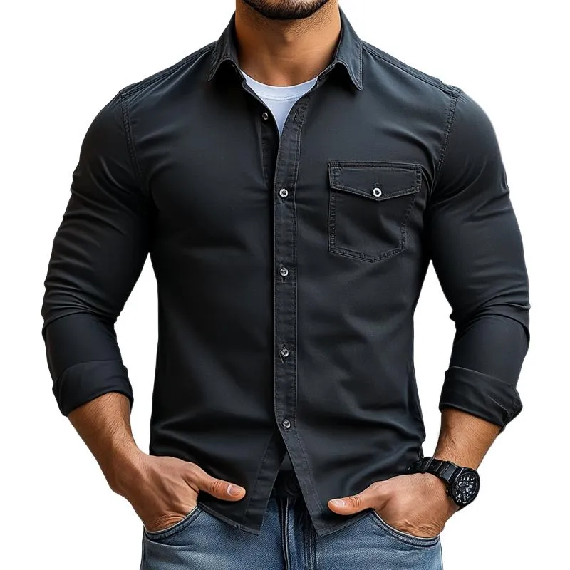 Men's Solid Color Lapel Chest Pocket Long Sleeve Shirt 55971136Z sold by Manly