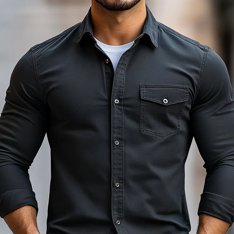 Men's Solid Color Lapel Chest Pocket Long Sleeve Shirt 55971136Z sold by Manly product image thumbnail 3