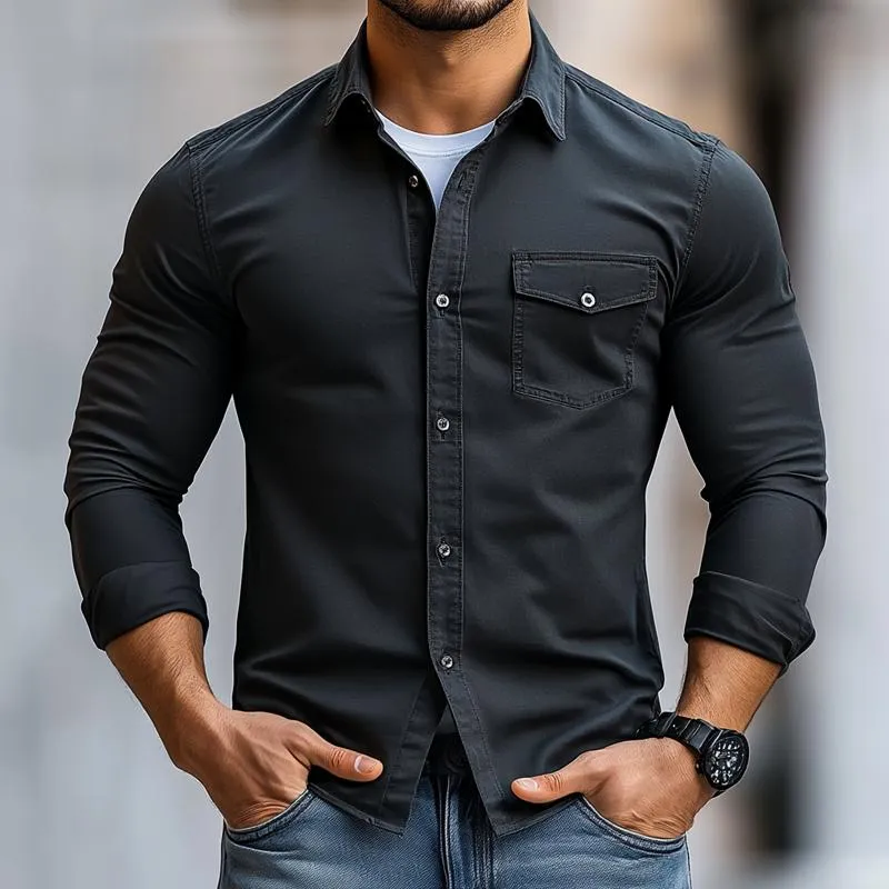 Men's Solid Color Lapel Chest Pocket Long Sleeve Shirt 55971136Z sold by Manly product image thumbnail 2