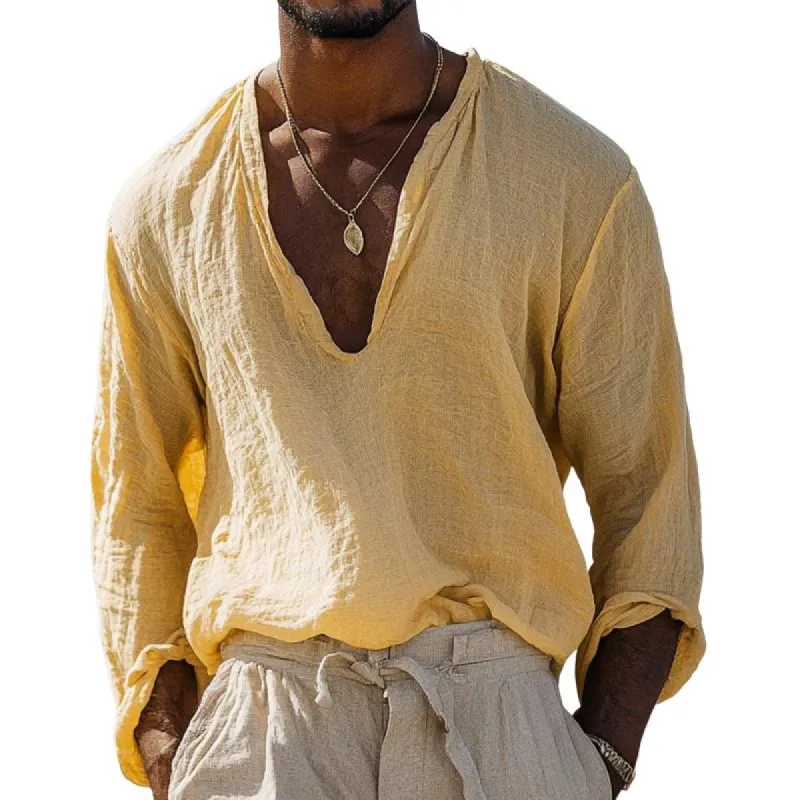 Men's Retro Casual Solid Color Cotton and Linen U-neck Long Sleeve Shirt 79438117TO sold by Manly