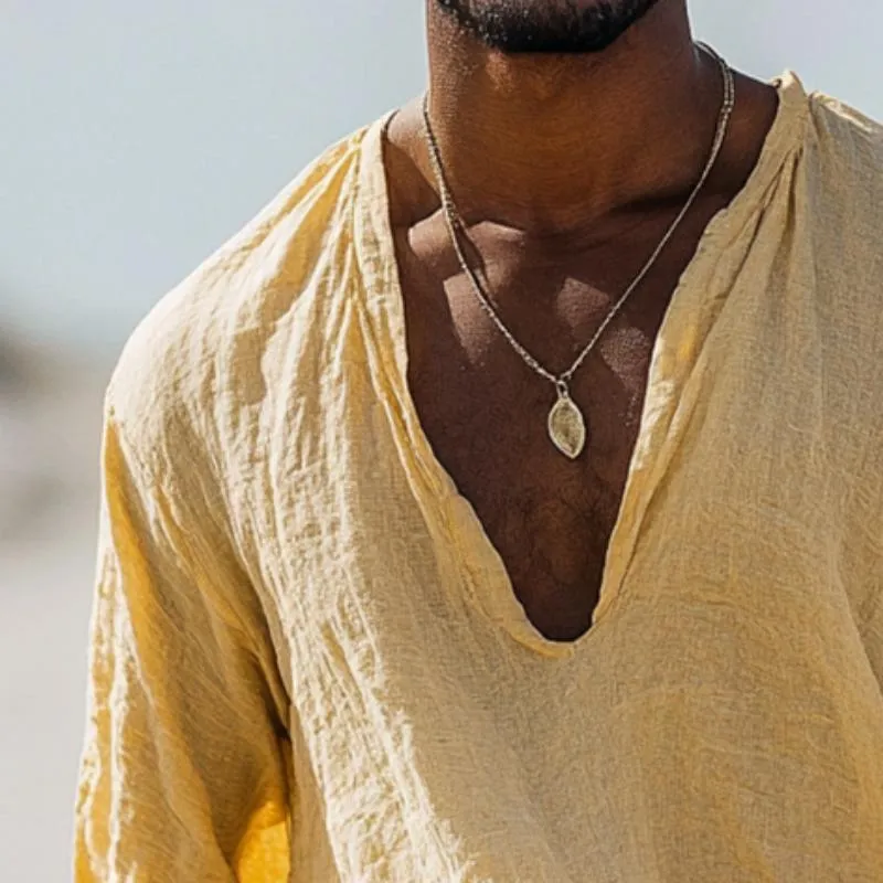 Men's Retro Casual Solid Color Cotton and Linen U-neck Long Sleeve Shirt 79438117TO sold by Manly product image thumbnail 3