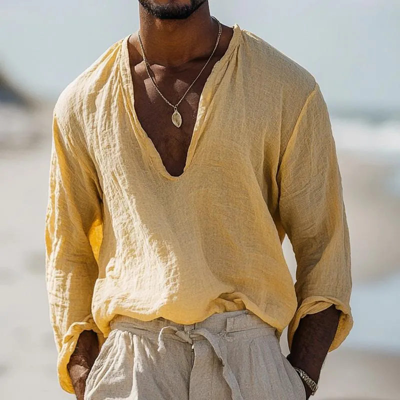 Men's Retro Casual Solid Color Cotton and Linen U-neck Long Sleeve Shirt 79438117TO sold by Manly product image thumbnail 2