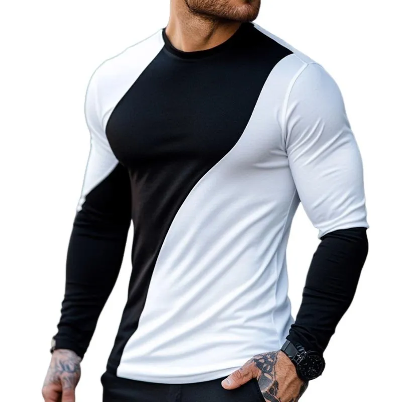 Men's Retro Casual Colorblock Round Neck Long Sleeve T-Shirt 51996048TO sold by Manly