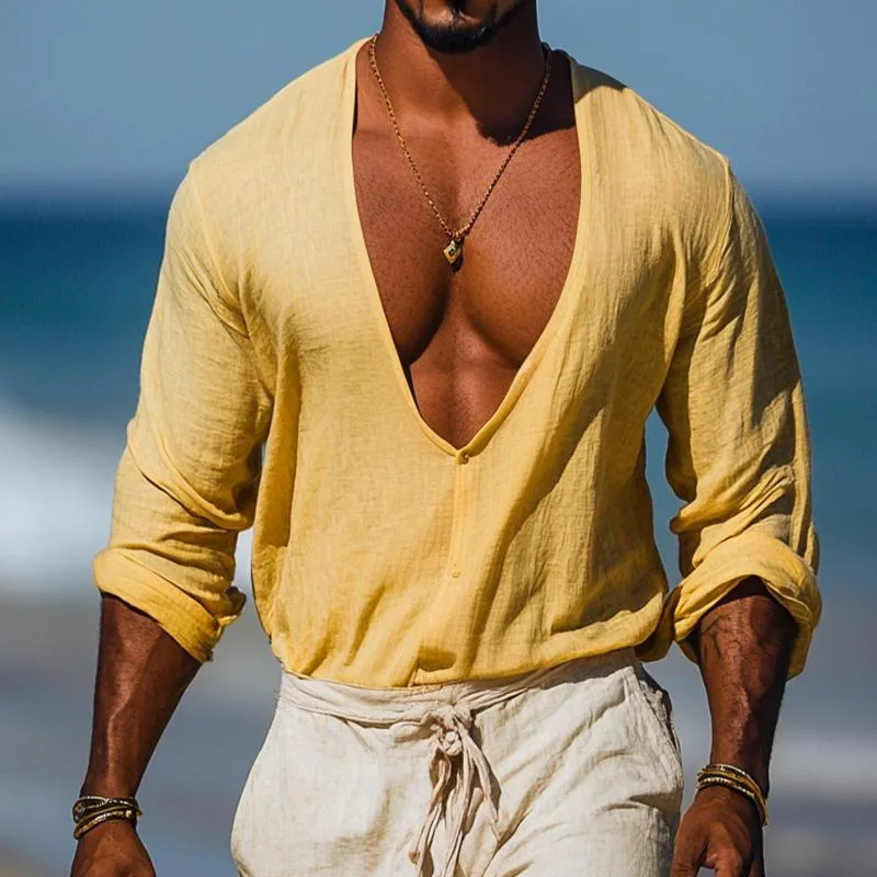Men's Retro Casual Cotton and Linen V-neck Long Sleeve Shirt 67323705TO sold by Manly product image thumbnail 2