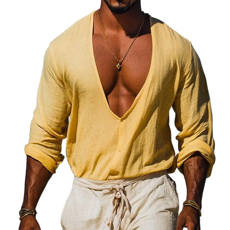 Men's Retro Casual Cotton and Linen V-neck Long Sleeve Shirt 67323705TO sold by Manly