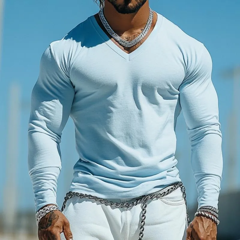 Men's Retro Casual Solid Color V-Neck Long Sleeve T-Shirt 34497200TO sold by Manly product image thumbnail 2