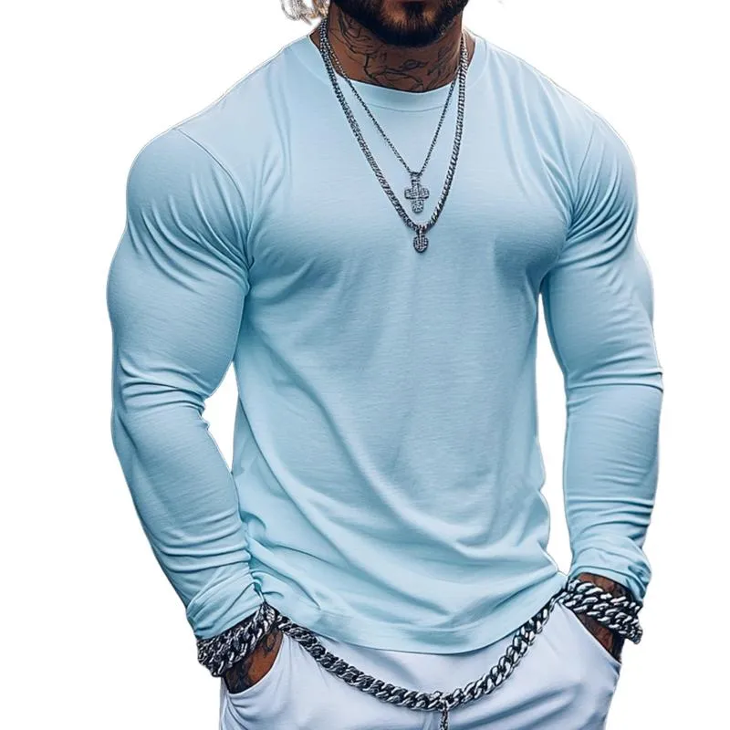 Men's Retro Casual Solid Color Round Neck Long Sleeve T-Shirt 17729473TO sold by Manly