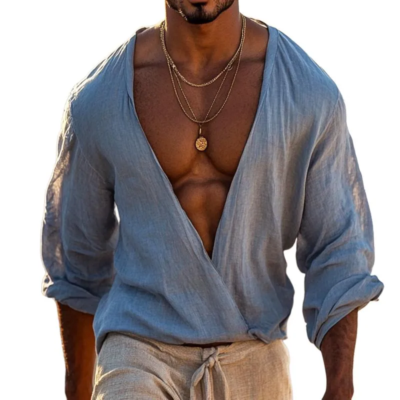 Men's Retro Casual Cotton and Linen Deep V Long Sleeve Shirt 52325497TO sold by Manly