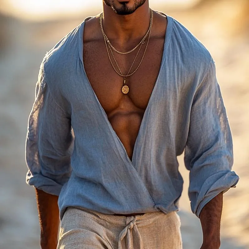 Men's Retro Casual Cotton and Linen Deep V Long Sleeve Shirt 52325497TO sold by Manly product image thumbnail 2