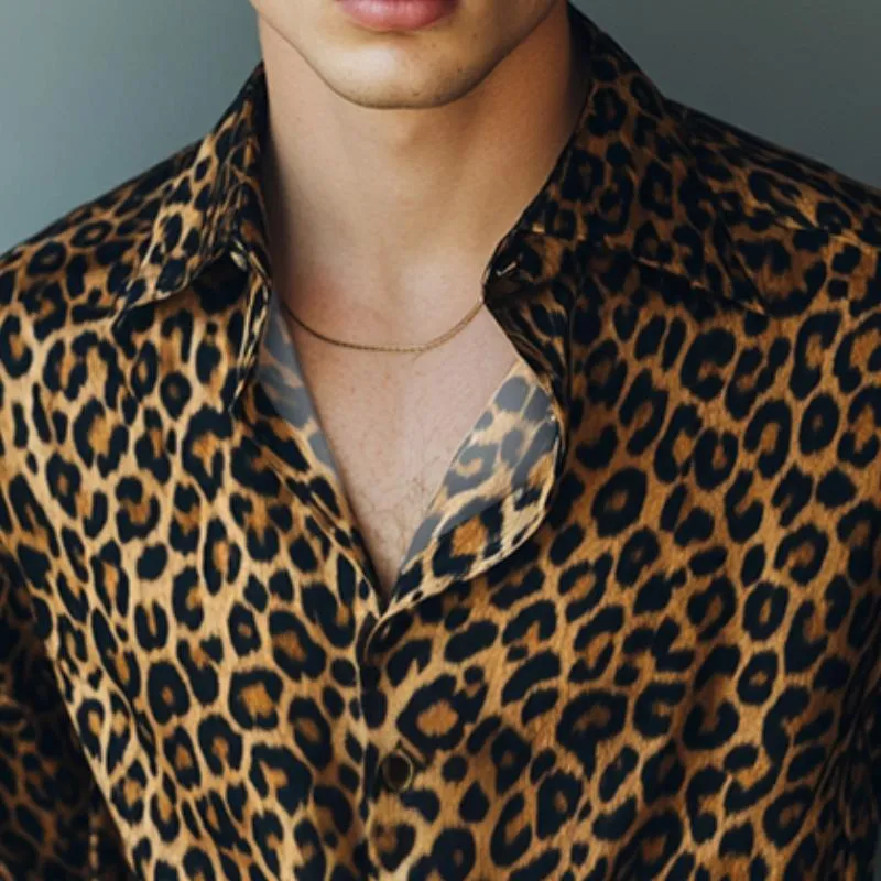Men's Retro Casual Leopard Print Lapel Long Sleeve Shirt 53775286TO sold by Manly product image thumbnail 3