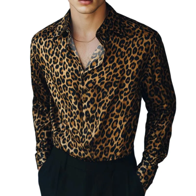 Men's Retro Casual Leopard Print Lapel Long Sleeve Shirt 53775286TO sold by Manly