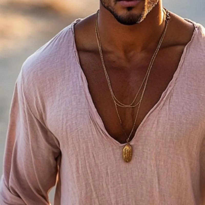 Men's Retro Casual Cotton and Linen V-neck Long Sleeve Shirt 90663515TO sold by Manly product image thumbnail 3