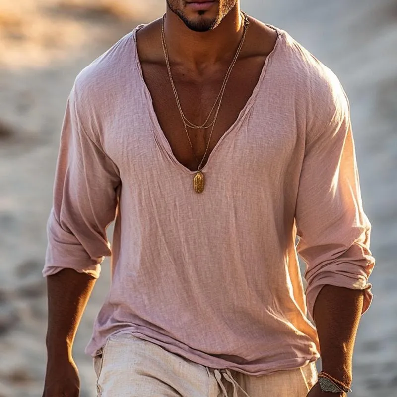 Men's Retro Casual Cotton and Linen V-neck Long Sleeve Shirt 90663515TO sold by Manly product image thumbnail 2