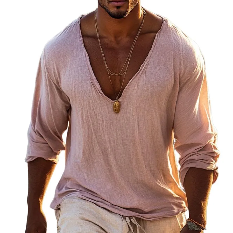 Men's Retro Casual Cotton and Linen V-neck Long Sleeve Shirt 90663515TO sold by Manly