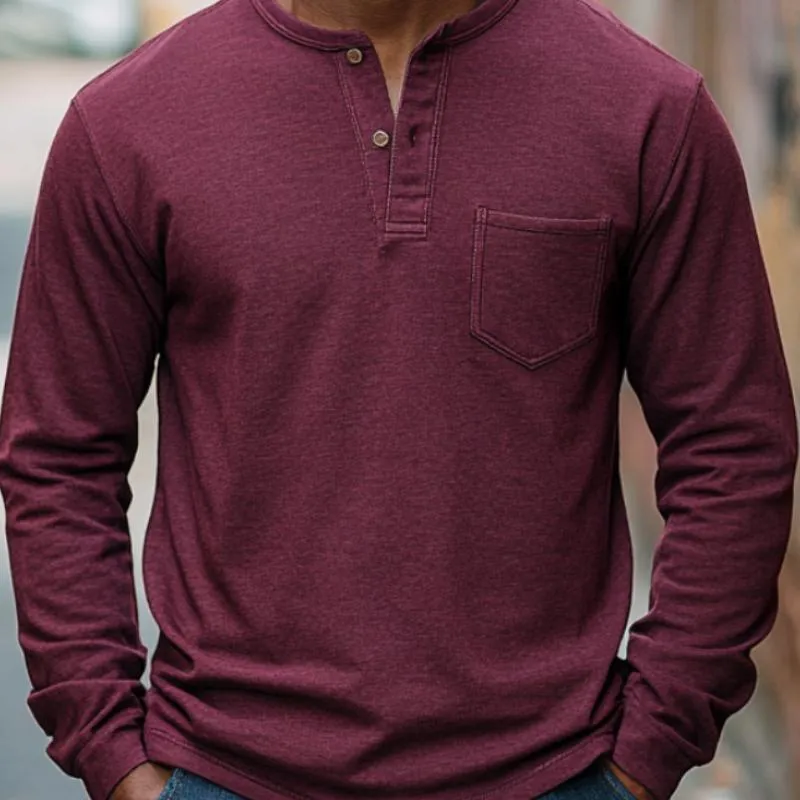 Men's Casual Versatile Burgundy Henley Collar Long Sleeve T-Shirt 07623233F sold by Manly product image thumbnail 3