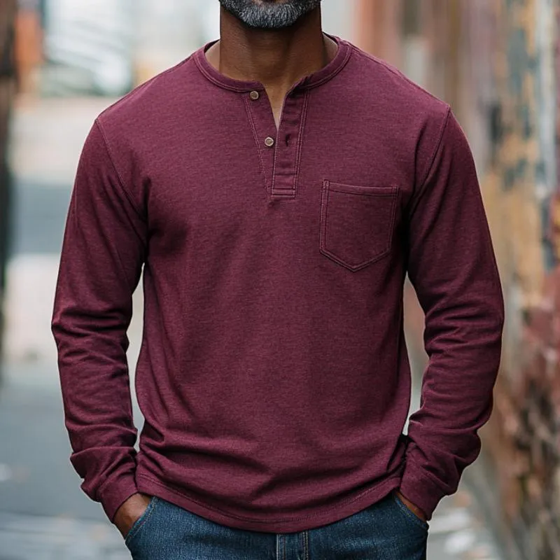 Men's Casual Versatile Burgundy Henley Collar Long Sleeve T-Shirt 07623233F sold by Manly product image thumbnail 2