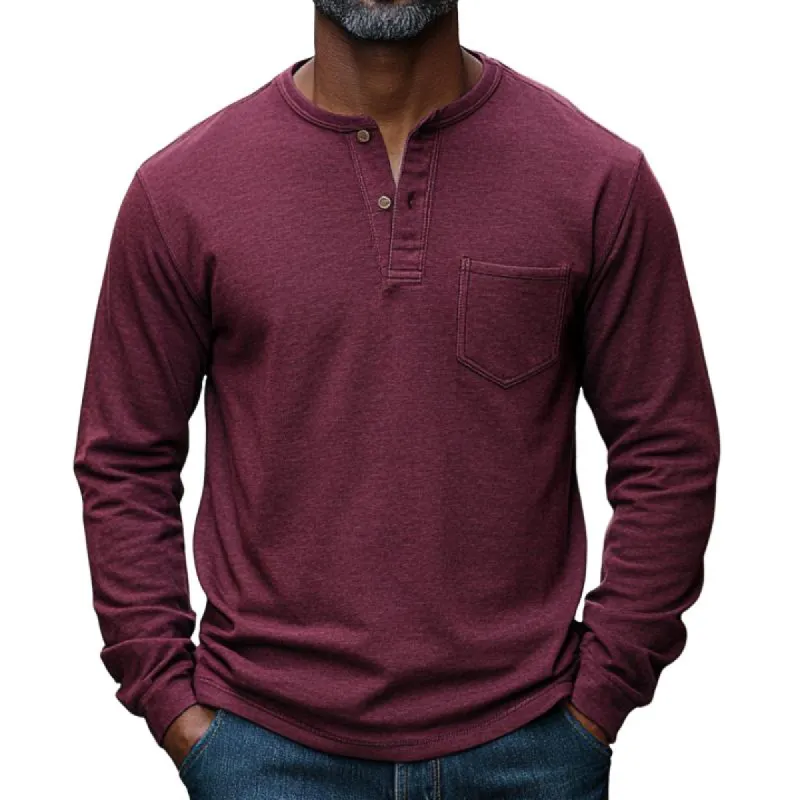 Men's Casual Versatile Burgundy Henley Collar Long Sleeve T-Shirt 07623233F sold by Manly