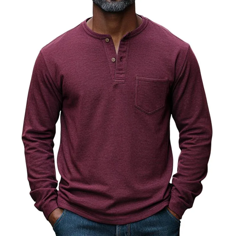 Men's Casual Versatile Burgundy Henley Collar Long Sleeve T-Shirt 07623233F sold by Manly