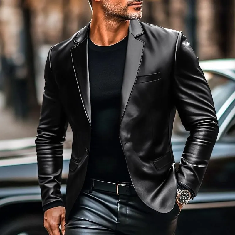 Men's Vintage Lapel Single Button Leather Blazer 32559458Y sold by Manly product image thumbnail 4