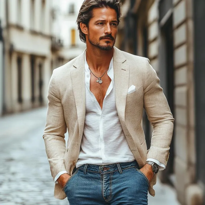 Men's Casual Cotton Linen Notch Lapel Single-breasted Slim-fit Blazer 17499534M sold by Manly product image thumbnail 3