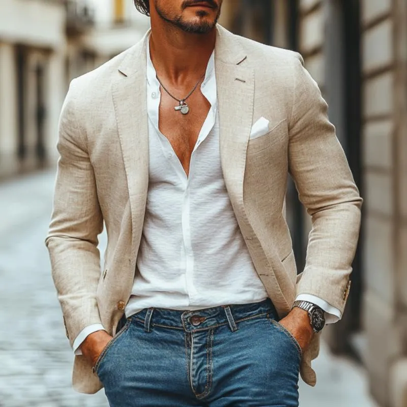 Men's Casual Cotton Linen Notch Lapel Single-breasted Slim-fit Blazer 17499534M sold by Manly product image thumbnail 2