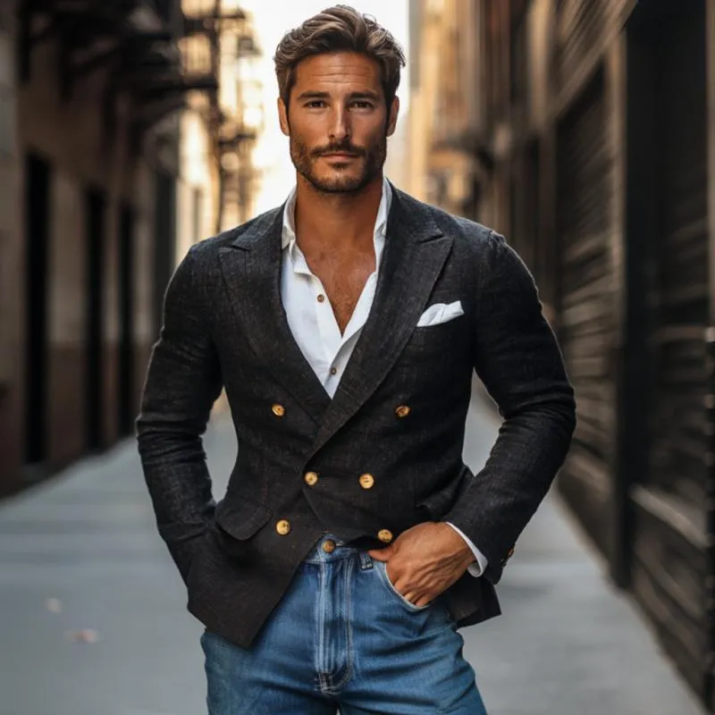 Men's Vintage Cotton Linen Peaked Lapel Double-Breasted Slim-Fit Blazer 29194587M sold by Manly product image thumbnail 3