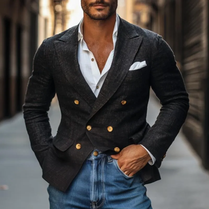Men's Vintage Cotton Linen Peaked Lapel Double-Breasted Slim-Fit Blazer 29194587M sold by Manly product image thumbnail 2