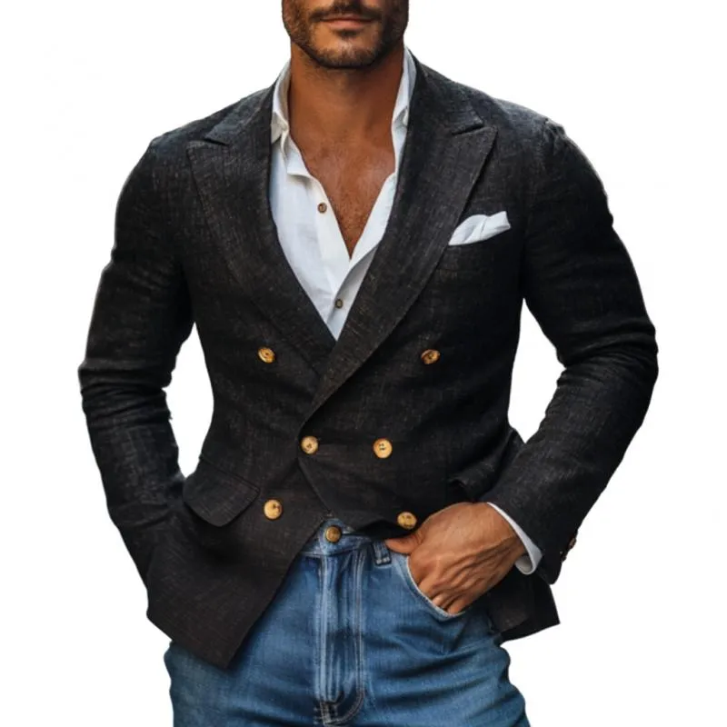 Men's Vintage Cotton Linen Peaked Lapel Double-Breasted Slim-Fit Blazer 29194587M sold by Manly