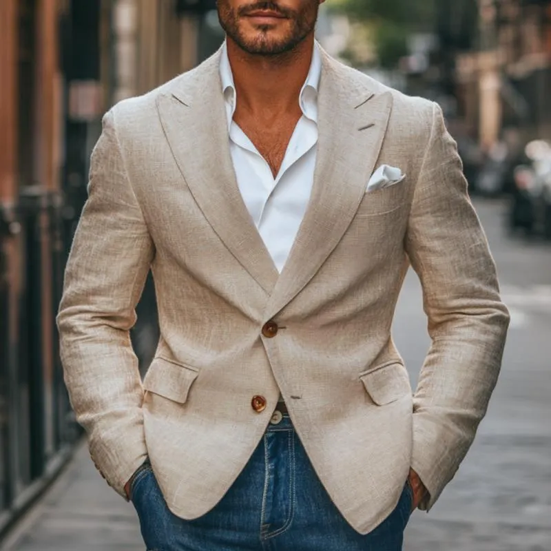 Men's Vintage Cotton Linen Peaked Lapel Single-Breasted Slim-Fit Blazer 08292255M sold by Manly product image thumbnail 2