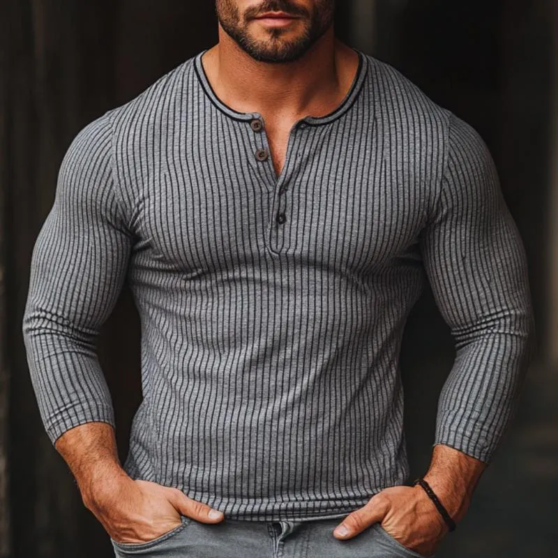 Men's Casual Striped Henley Collar Slim Fit Long Sleeve T-Shirt 70706637M sold by Manly product image thumbnail 2