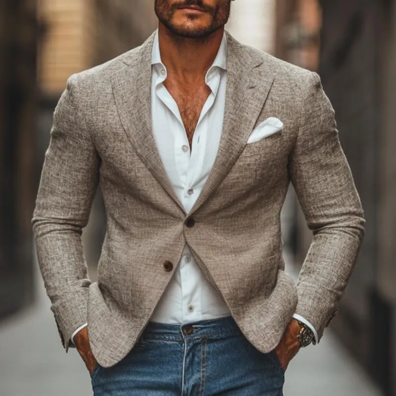 Men's Casual Cotton Linen Notch Lapel Single-breasted Slim-fit Blazer 54279361M sold by Manly product image thumbnail 2