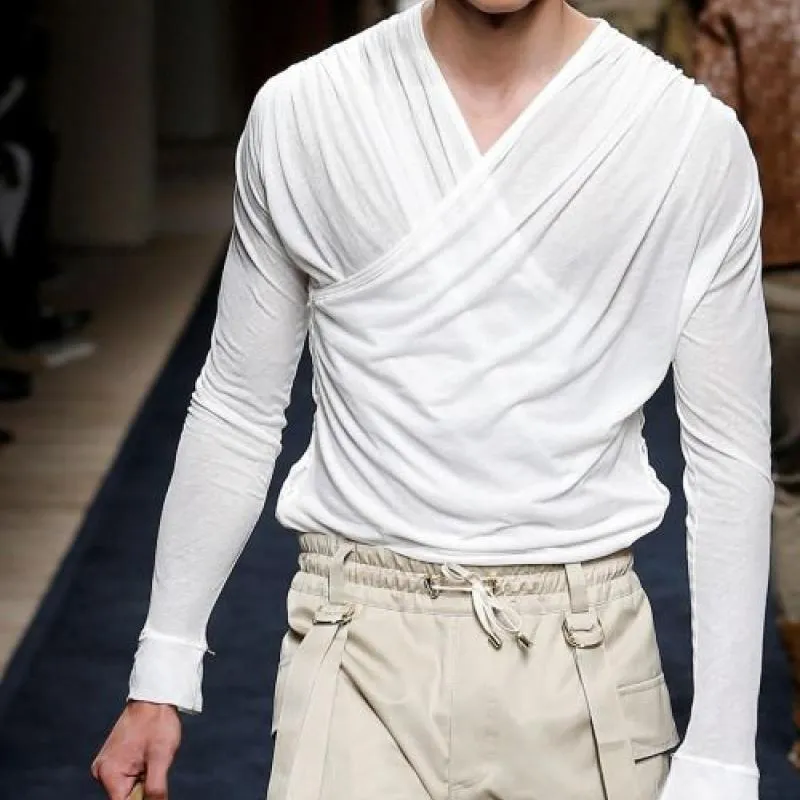 Men's Fashion V-neck Irregular Design Cotton Long Sleeve T-shirt 10051007K sold by Manly product image thumbnail 2