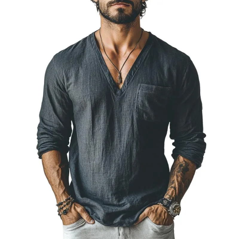 Men's Classic Casual V-Neck Cotton and Linen Long Sleeve Shirt 03339077K sold by Manly