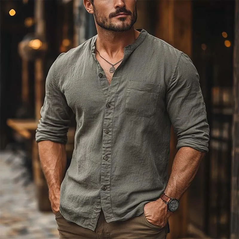 Men's Classic Casual Slim Fit Cotton And Linen Long-sleeved Shirt 93110045K sold by Manly product image thumbnail 2