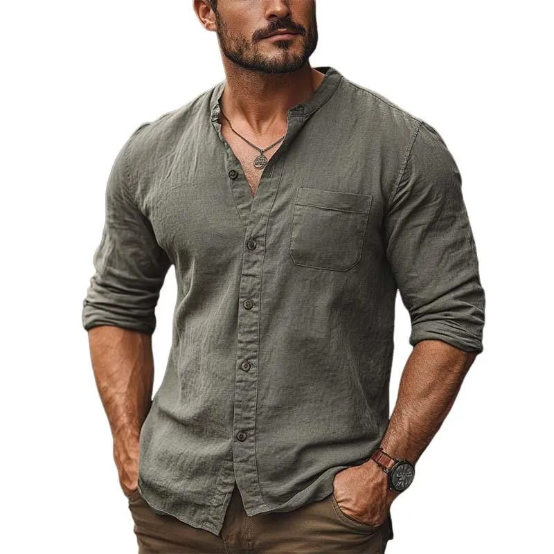 Men's Classic Casual Slim Fit Cotton And Linen Long-sleeved Shirt 93110045K sold by Manly