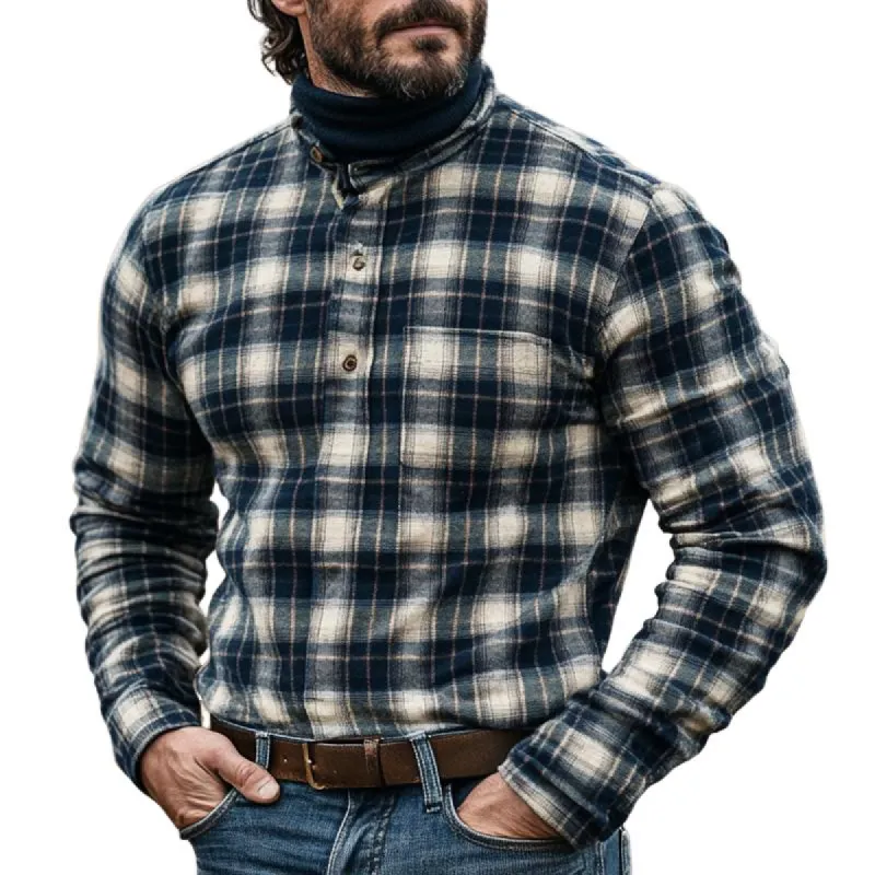 Men's Vintage Checked Henley Collar Long Sleeve Casual Shirt 37326814Z sold by Manly