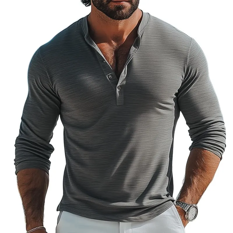 Men's Fashion Solid Color Henley Collar Long Sleeve Casual T-shirt 22727292Z sold by Manly