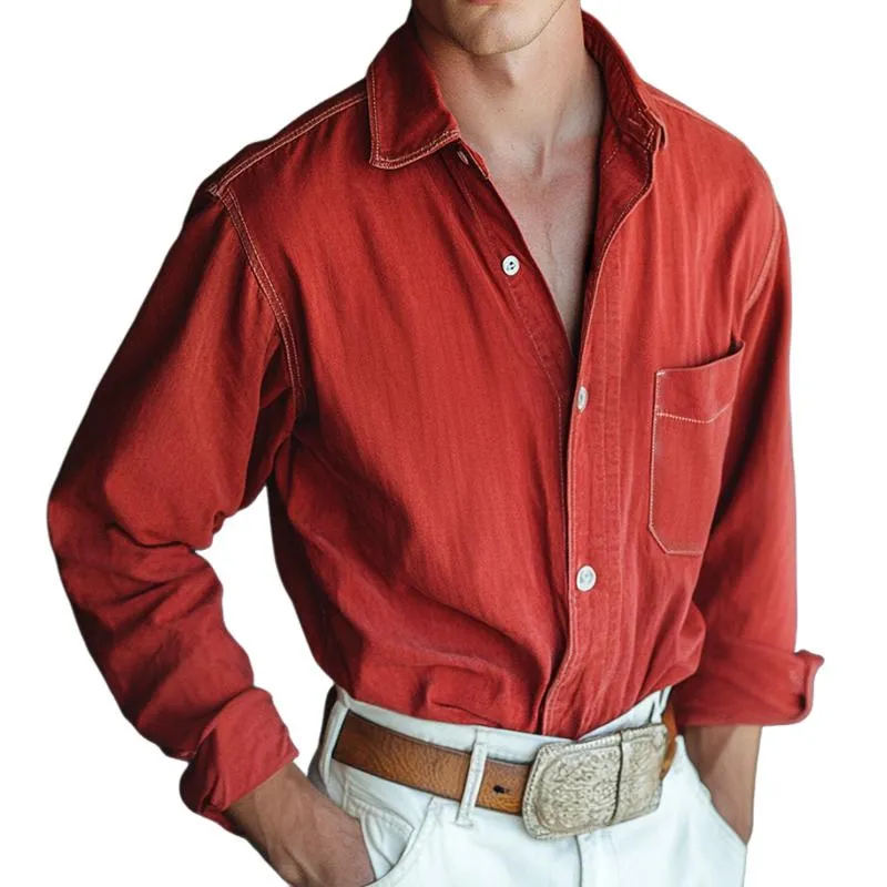 Men's Retro Casual Cowboy Pocket Lapel Long Sleeve Shirt 61580376TO sold by Manly