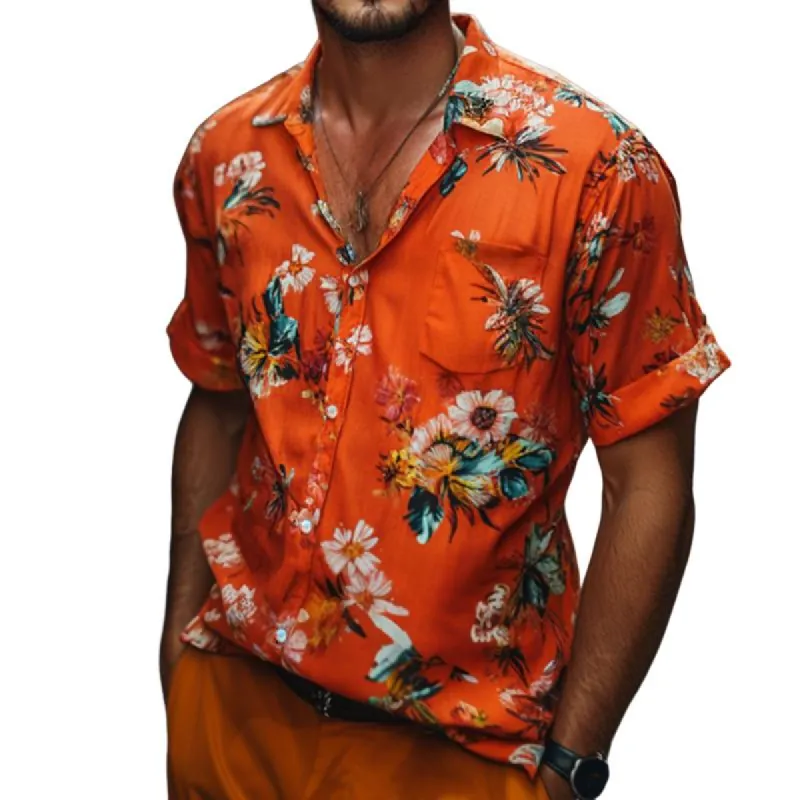 Men's Retro Casual Printed Pocket Lapel Short Sleeve Shirt 83302681TO sold by Manly