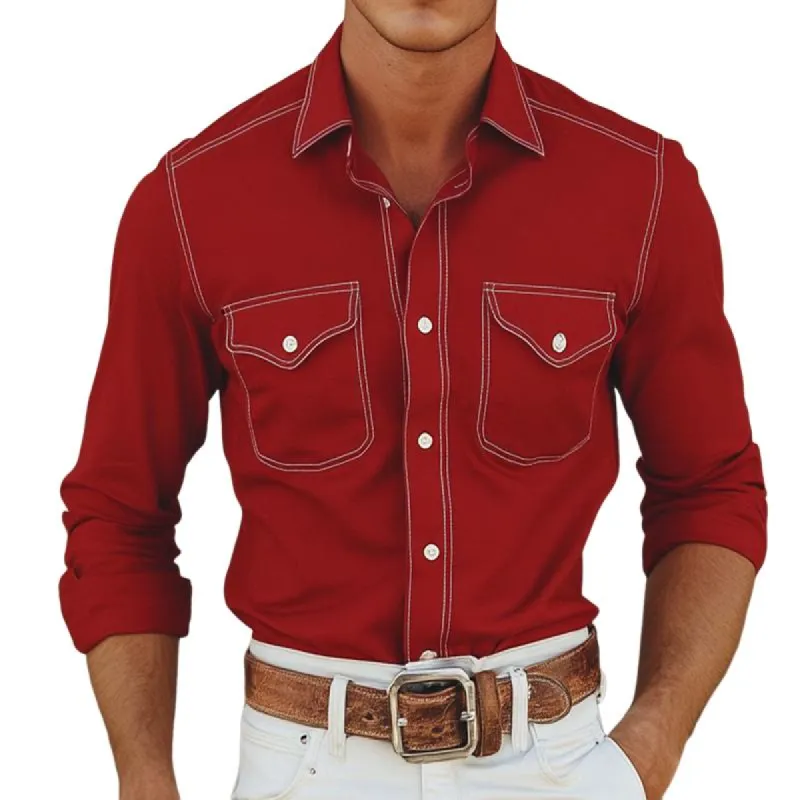 Men's Retro Casual Cowboy Pocket Lapel Long Sleeve Shirt 26429266TO sold by Manly
