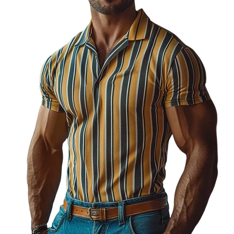 Men's Retro Casual Striped Print Short-sleeved Polo Shirt 09360045TO sold by Manly