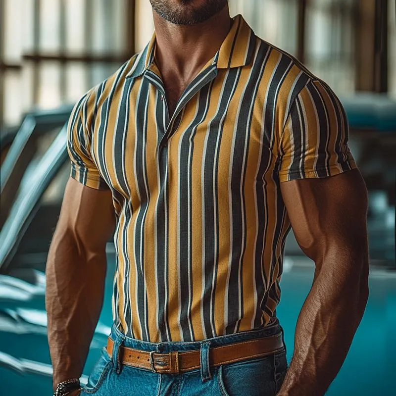 Men's Retro Casual Striped Print Short-sleeved Polo Shirt 09360045TO sold by Manly product image thumbnail 2