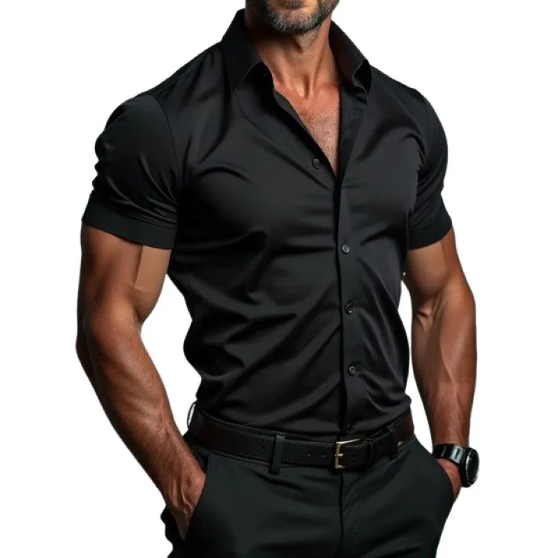 Men's Retro Casual Solid Color Lapel Short Sleeve Shirt 21523958TO sold by Manly
