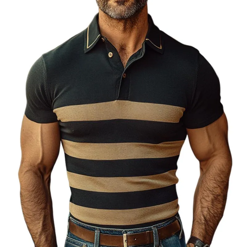 Men's Retro Casual Striped Print Short-sleeved Polo Shirt 42850211TO sold by Manly